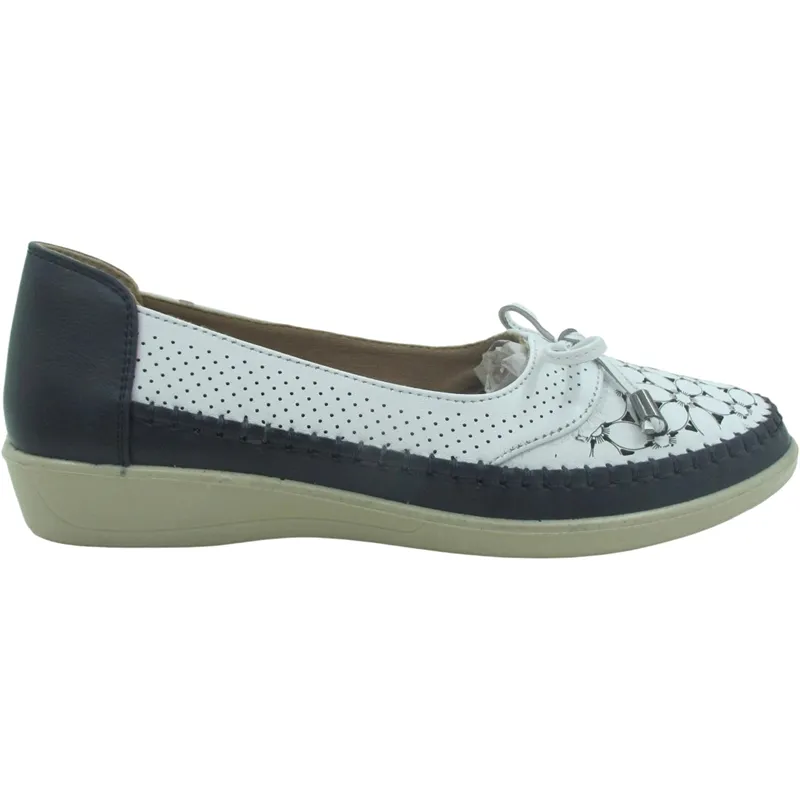 Women’s PU Leather Ballerina Loafers – Laser Hollowed Slip-On Flats with Bow Tie