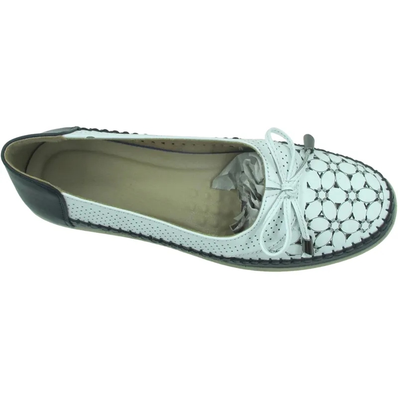 Women’s PU Leather Ballerina Loafers – Laser Hollowed Slip-On Flats with Bow Tie