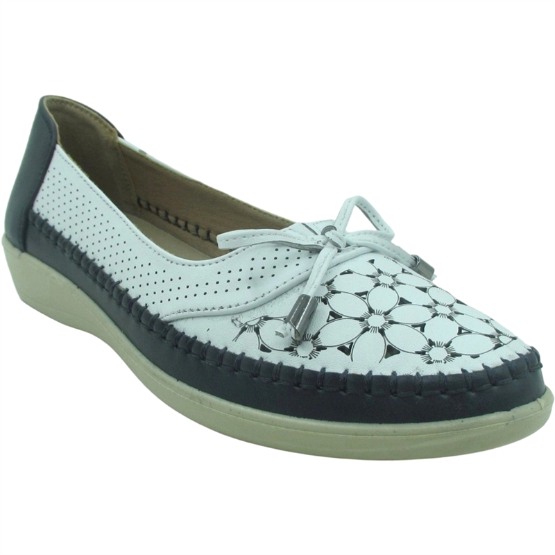 Women’s PU Leather Ballerina Loafers – Laser Hollowed Slip-On Flats with Bow Tie