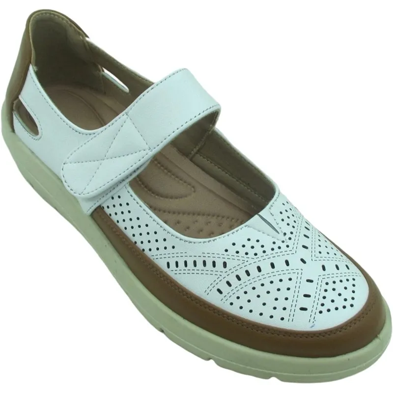 Women’s Mary Jane PU Leather Ballerinas – Laser Cut Flats with Hook-and-Loop Strap