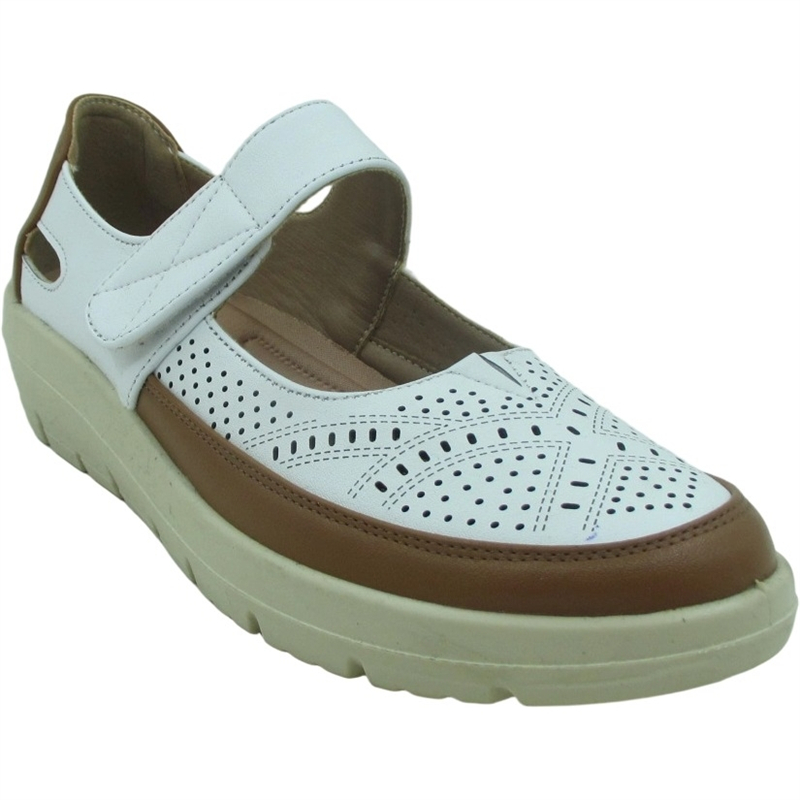 Women’s Mary Jane PU Leather Ballerinas – Laser Cut Flats with Hook-and-Loop Strap