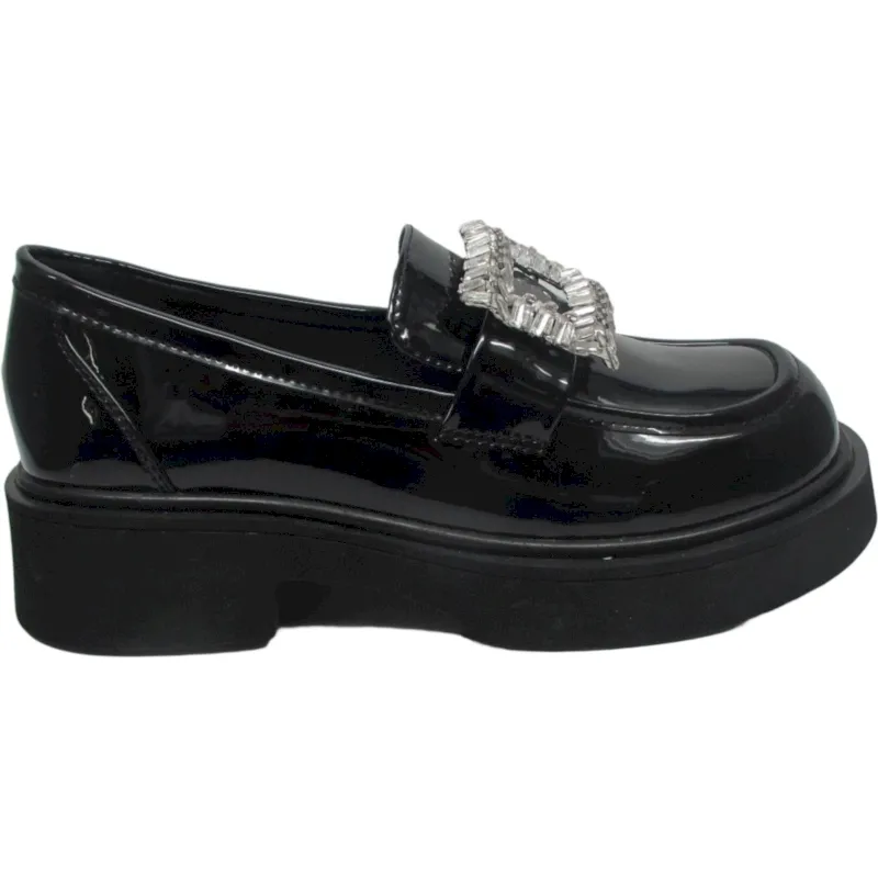 Women's Rhinestone Buckle Patent Loafers – Platform Eco Leather Slip-On Shoes