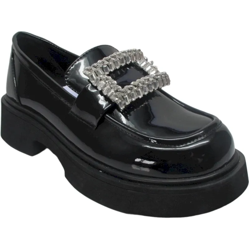 Women's Rhinestone Buckle Patent Loafers – Platform Eco Leather Slip-On Shoes