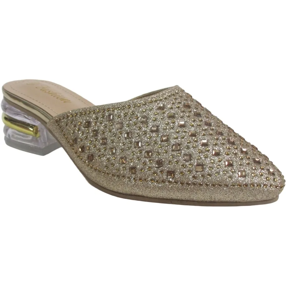 Wholesale Women’s Gold Rhinestone Mules – Low Block Heel Pointed Toe Sparkly Flats