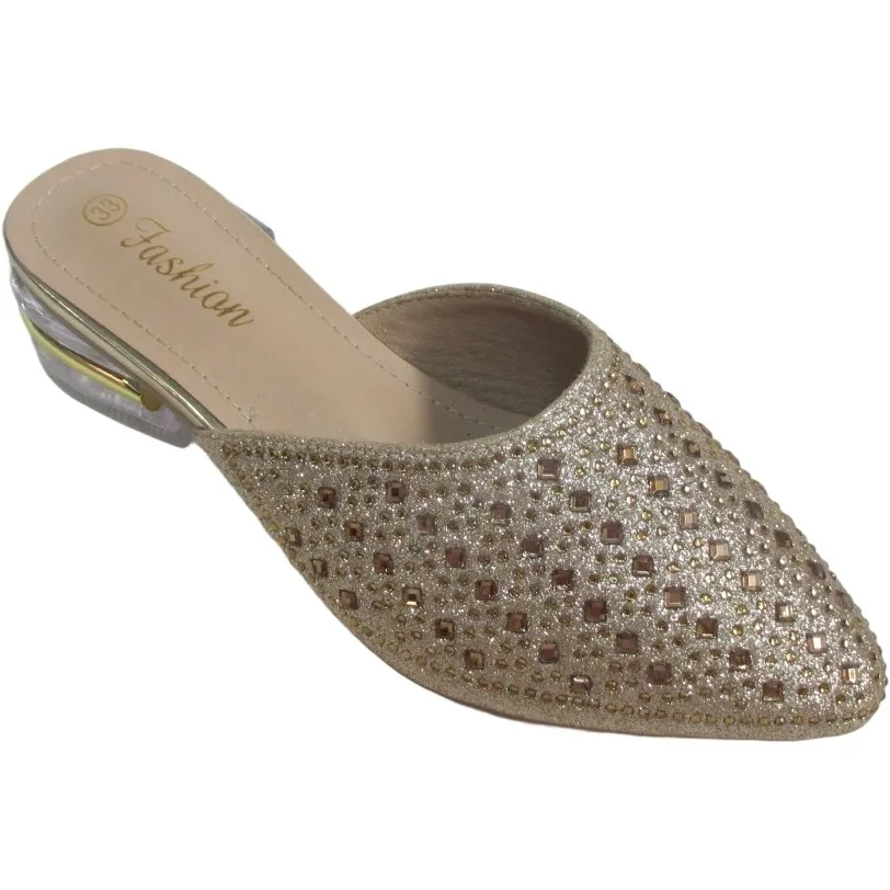 Wholesale Women’s Gold Rhinestone Mules – Low Block Heel Pointed Toe Sparkly Flats