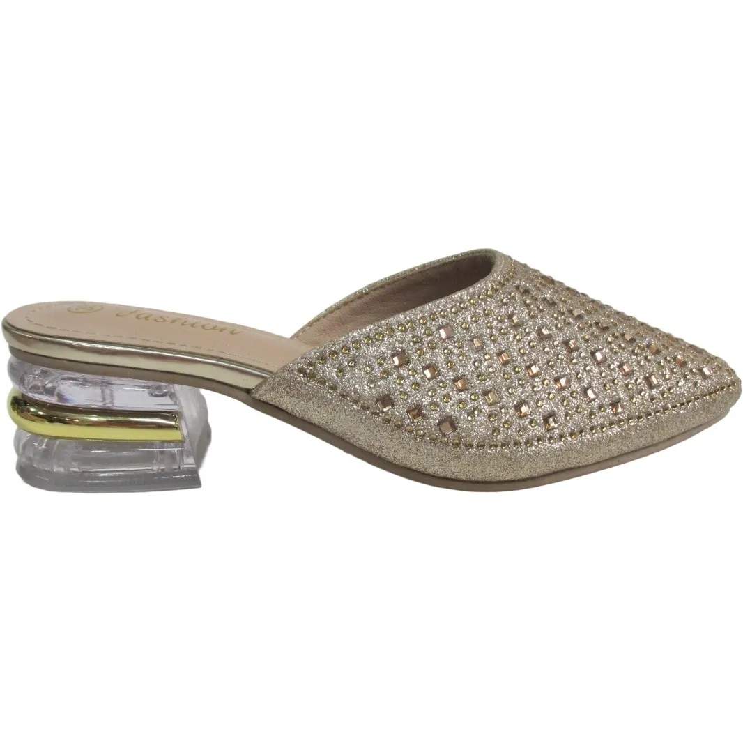Wholesale Women’s Gold Rhinestone Mules – Low Block Heel Pointed Toe Sparkly Flats