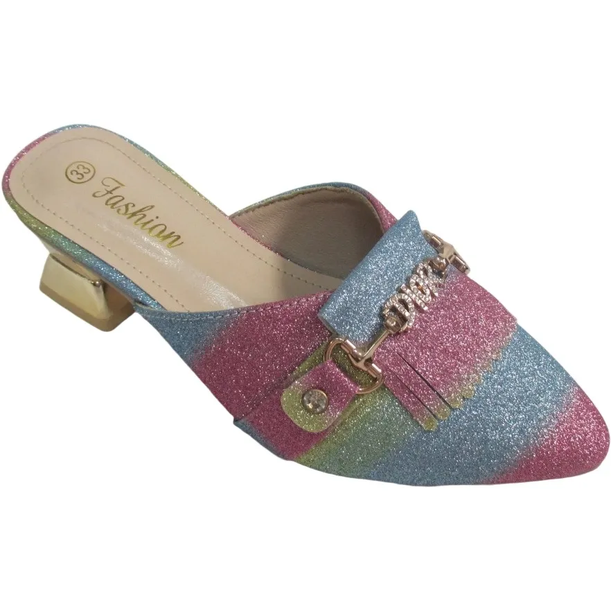 Wholesale Women’s Rainbow Glitter Mules – Pointed Toe Low Heel Slip-On Sandals for B2B