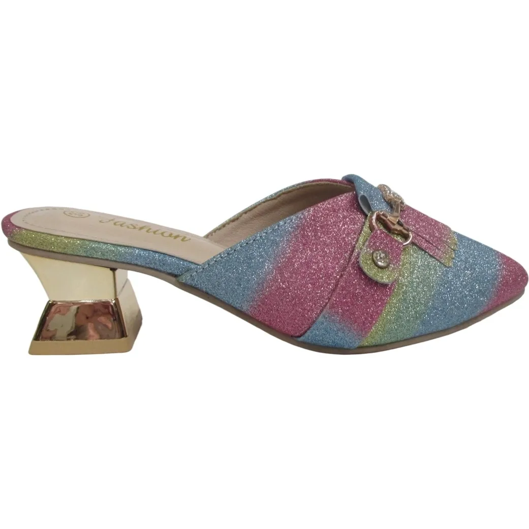 Wholesale Women’s Rainbow Glitter Mules – Pointed Toe Low Heel Slip-On Sandals for B2B