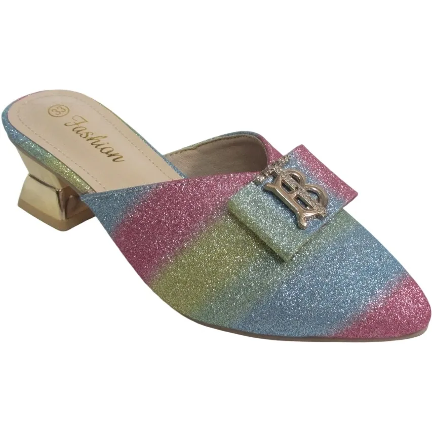 Wholesale Women’s Rainbow Glitter Mules – Pointed Toe Low Heel Slip-On Sandals for B2B