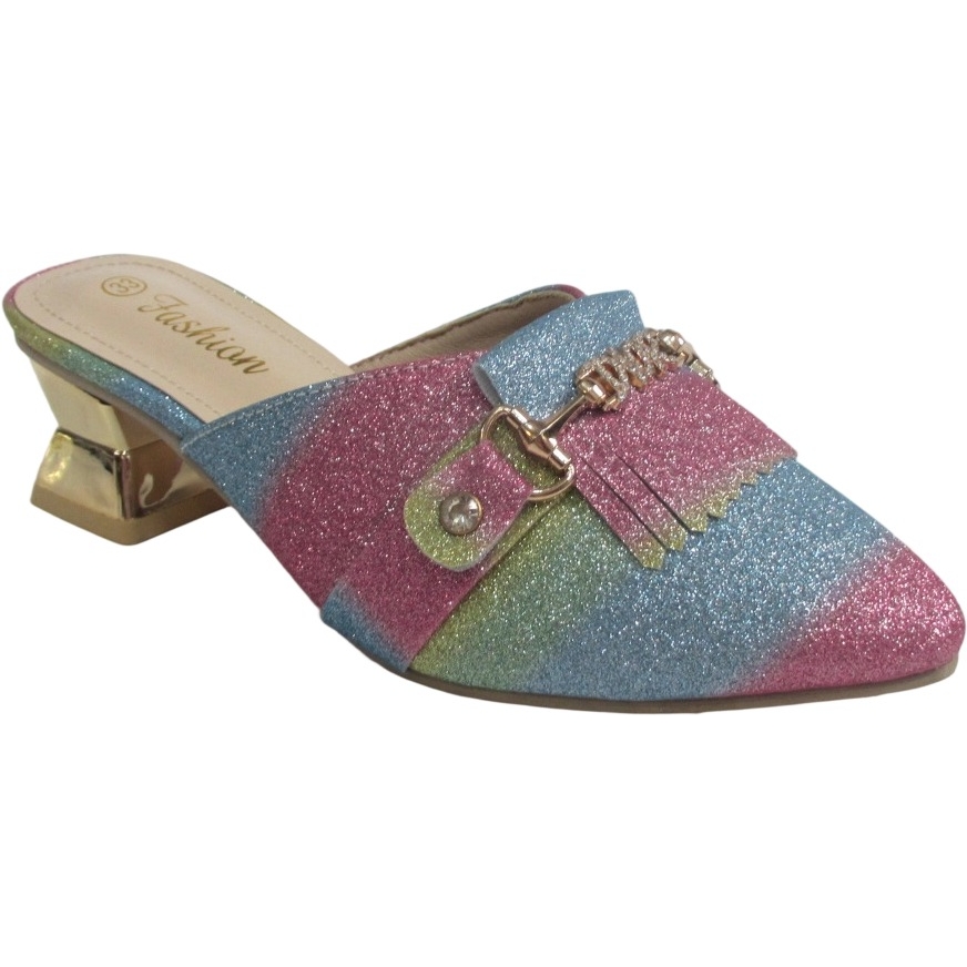Wholesale Women’s Rainbow Glitter Mules – Pointed Toe Low Heel Slip-On Sandals for B2B