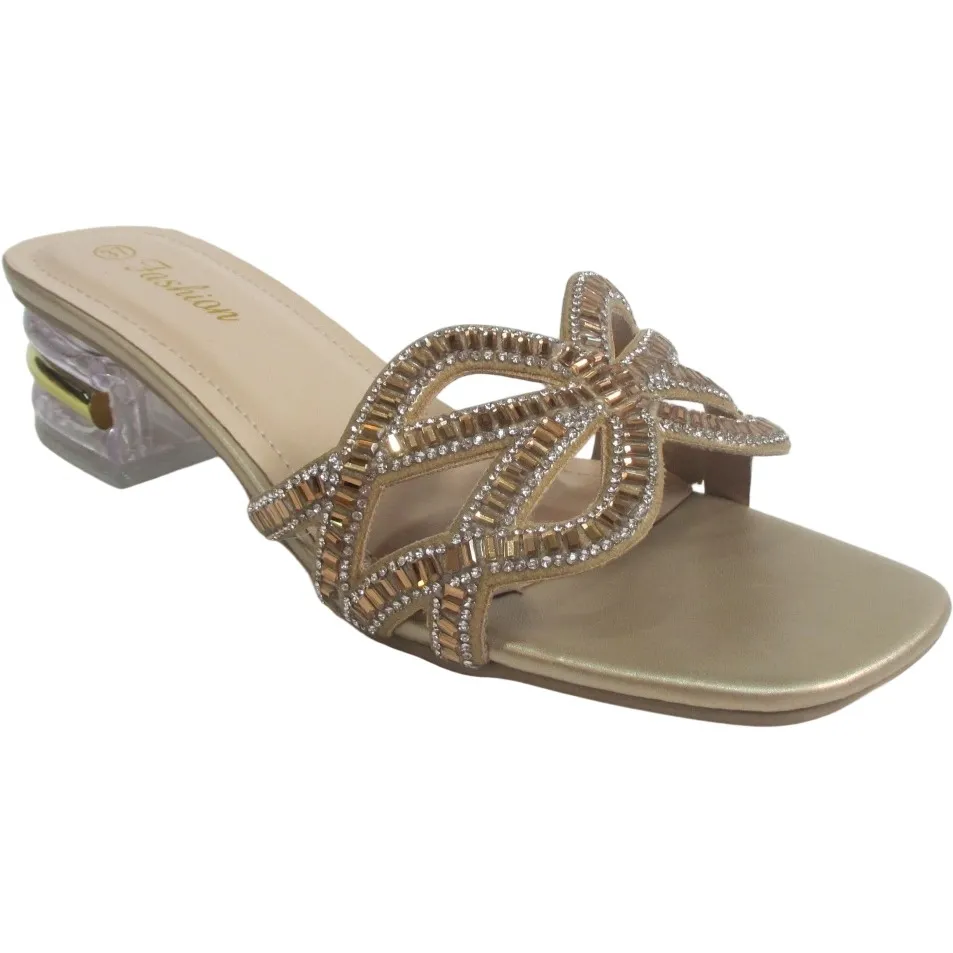 Wholesale Ladies’ Rhinestone Block Mid Heel Sandals – Square Toe Open-Toe Party Slippers
