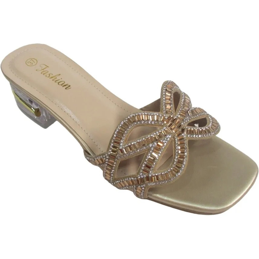 Wholesale Ladies’ Rhinestone Block Mid Heel Sandals – Square Toe Open-Toe Party Slippers