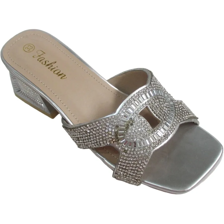 Wholesale Ladies’ Rhinestone Block Mid Heel Sandals – Square Toe Open-Toe Party Slippers