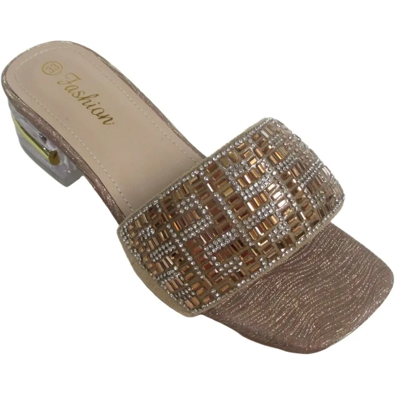 Women’s Glitter Party Sandals – Square Toe Mid Heel Open Toe Slippers