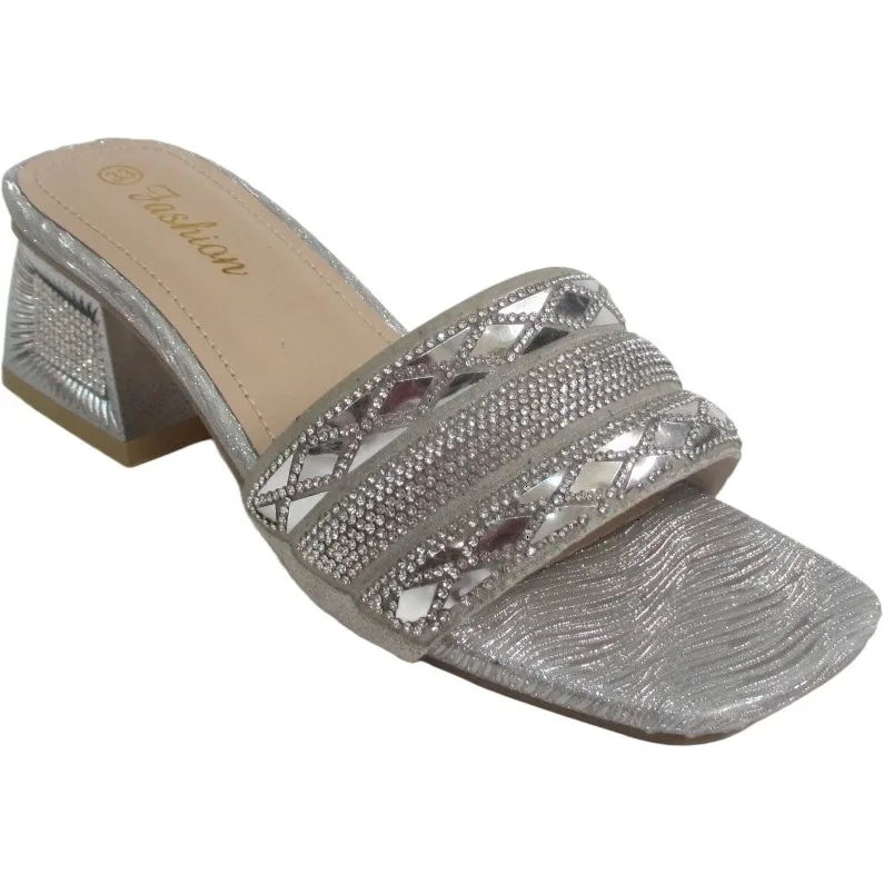 Women’s Glitter Party Sandals – Square Toe Mid Heel Open Toe Slippers