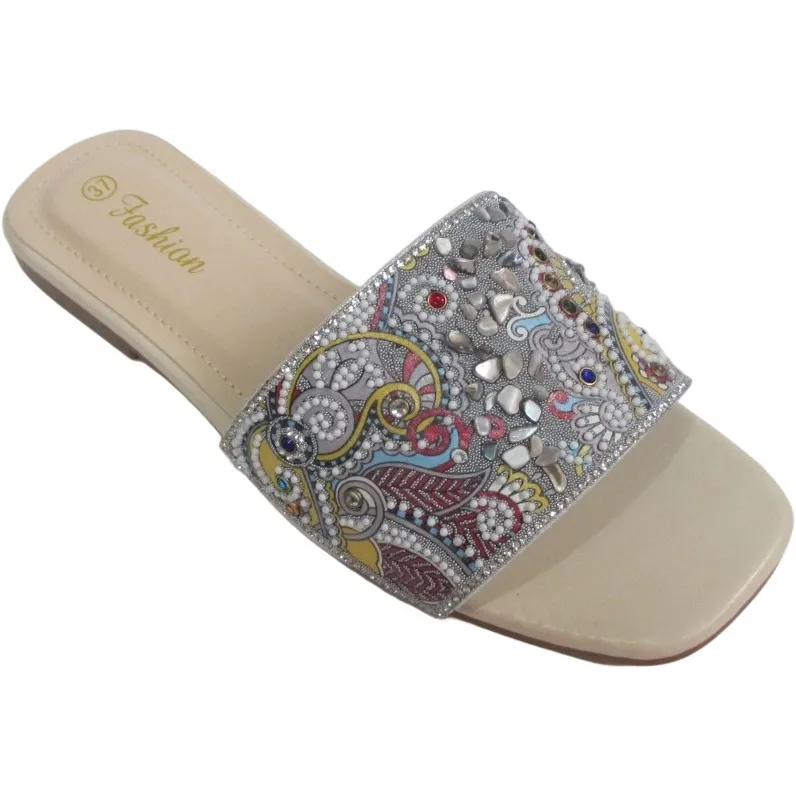 Women's Sparkly Rainstone Flat Sandals - Square Toe Casual Slippers