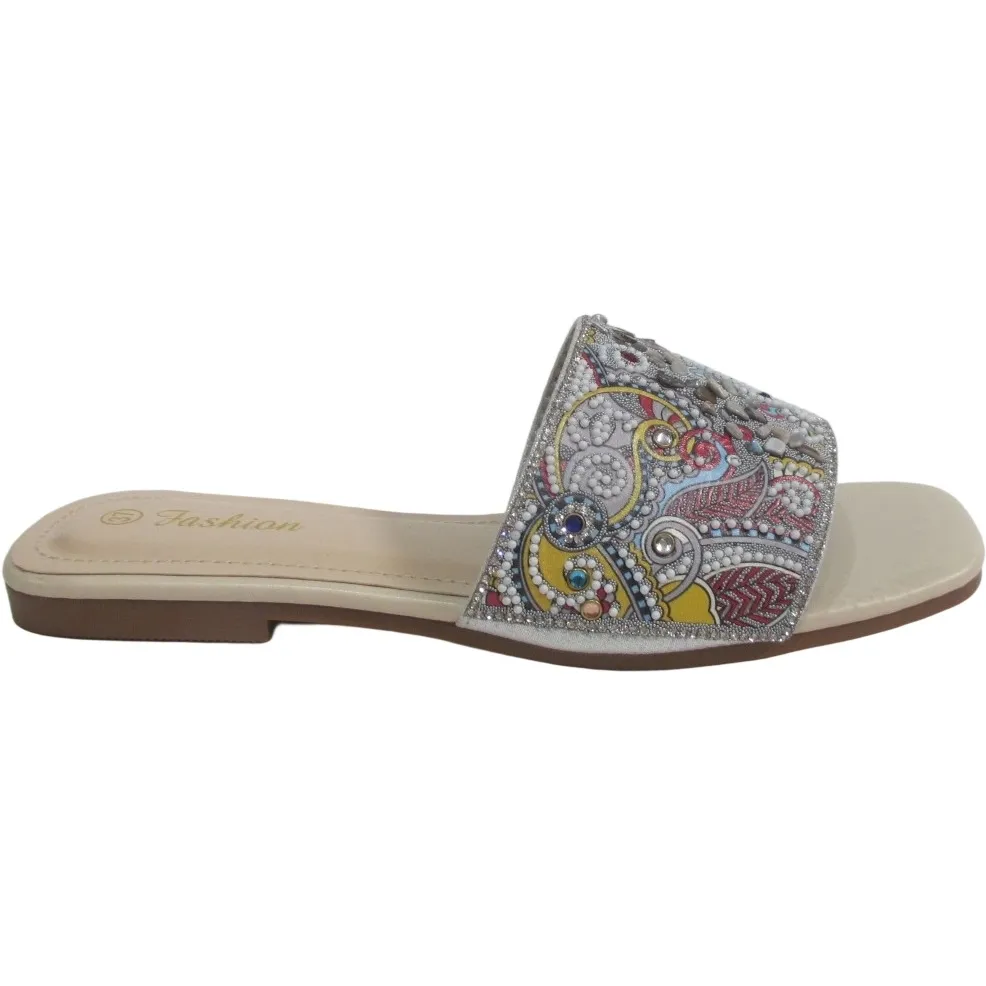 Women's Sparkly Rainstone Flat Sandals - Square Toe Casual Slippers
