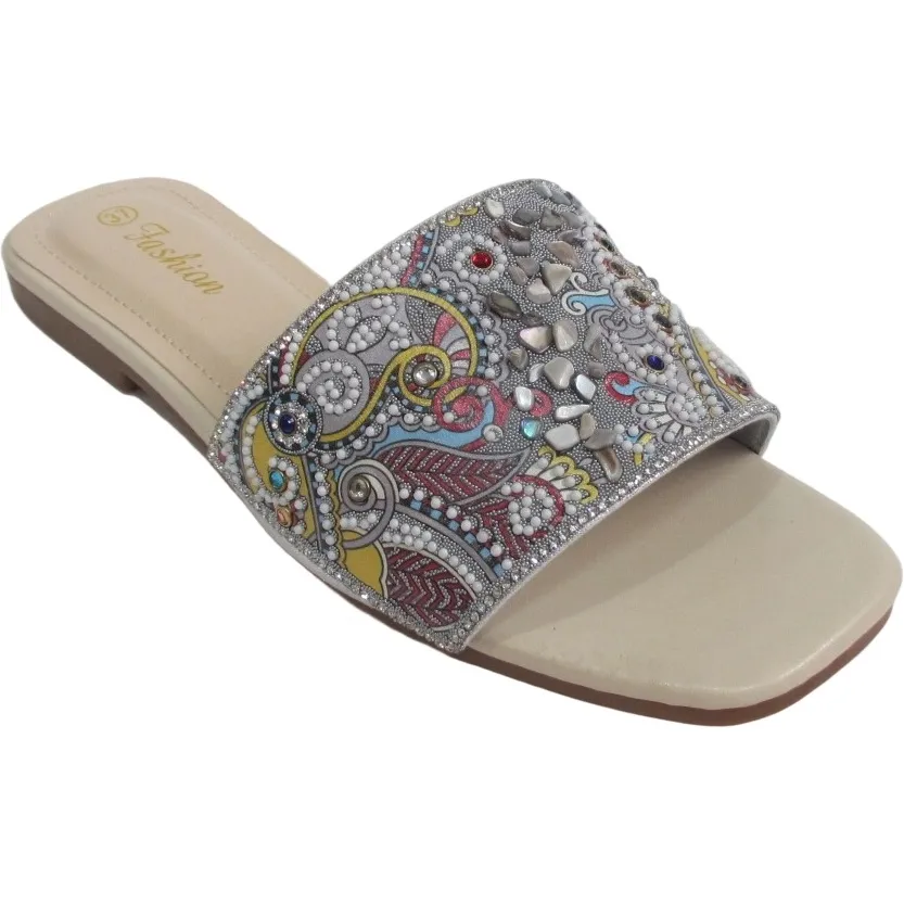 Women's Sparkly Rainstone Flat Sandals - Square Toe Casual Slippers
