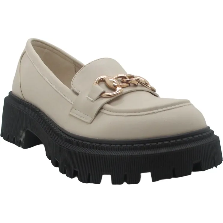 Women's Chunky Sole PU Leather Loafers with Chain Detail