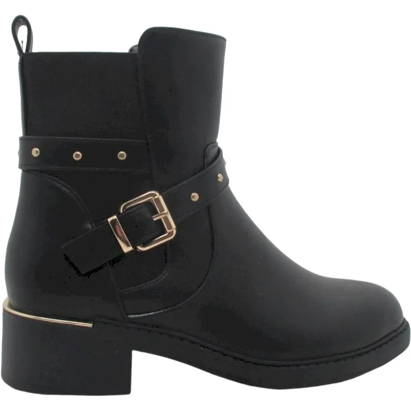Women's Mid Ankle Buckle Strap Block Heel PU Leather Boots
