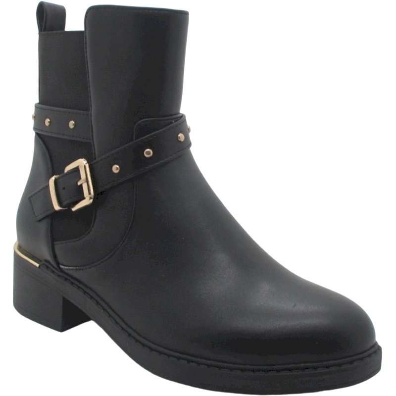 Women's Mid Ankle Buckle Strap Block Heel PU Leather Boots