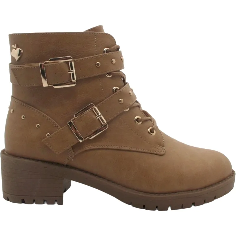 Women's Lace-Up Block Heel Ankle Boots with Studs & Buckle Details