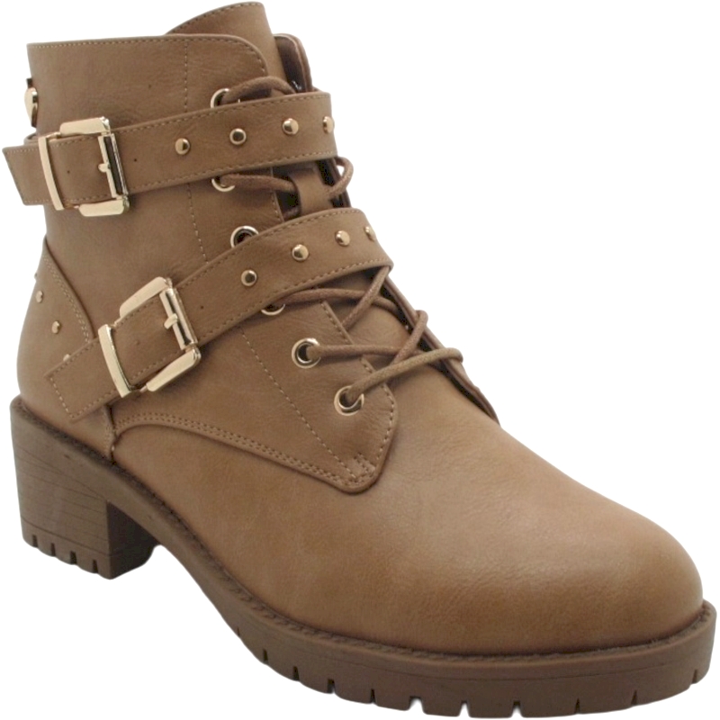 Women's Lace-Up Block Heel Ankle Boots with Studs & Buckle Details