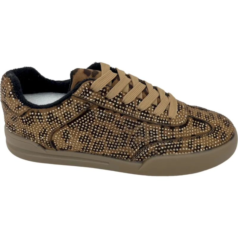 Women's Lace-Up Sneakers - Leopard Print & Rhinestone Decor, Super Suede Upper, PVC Outsole