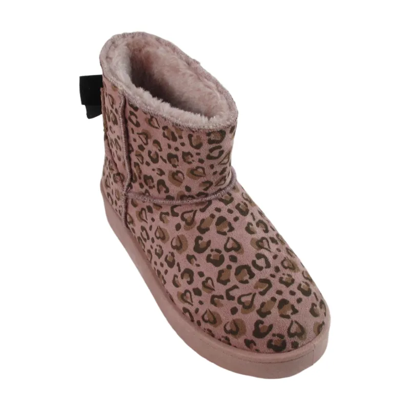 Kids Winter Warm Boots - Pink Leopard Print with Bow Knot