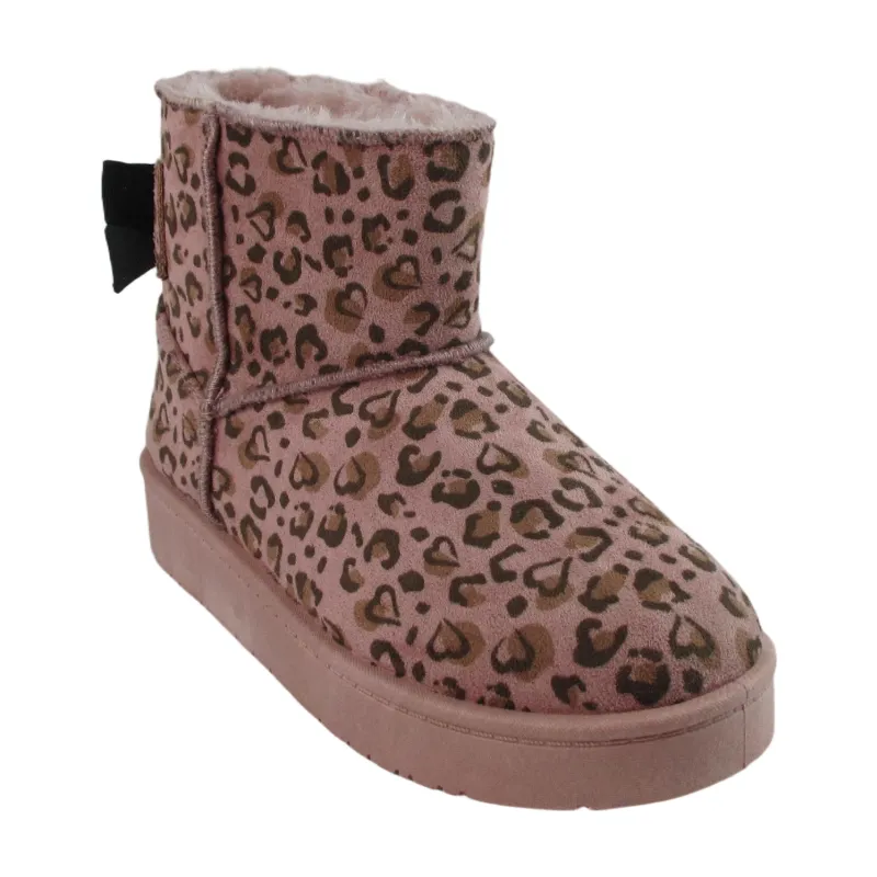 Kids Winter Warm Boots - Pink Leopard Print with Bow Knot